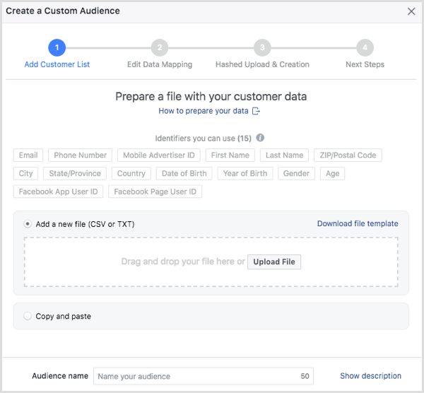 वह ग्राहक फ़ाइल चुनें जिसे आप फेसबुक पर अपलोड करना चाहते हैं।