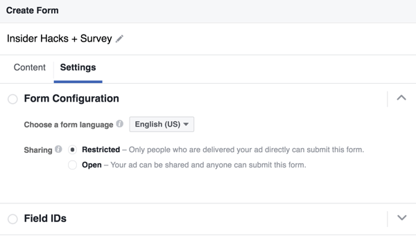 आप अपने फेसबुक लीड फॉर्म के लिए भाषा का चयन कर सकते हैं।