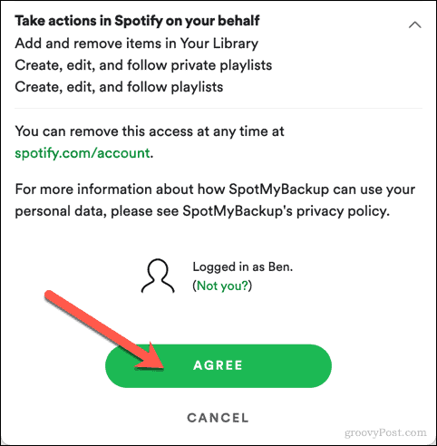 Spotify के लिए SpotMyBackup एक्सेस को मंजूरी