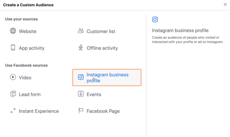 फेसबुक कस्टम दर्शकों के लिए स्रोत के रूप में Instagram व्यवसाय का चयन करें