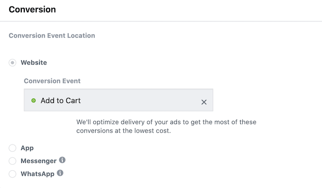 Facebook विज्ञापन प्रबंधक में Add to Cart रूपांतरण घटना का चयन करें