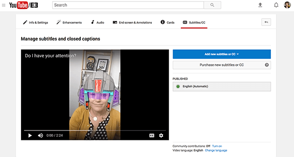 आपके YouTube वीडियो के लिए उपलब्ध कैप्शन फ़ाइलों को प्रकाशित अनुभाग के अंतर्गत पाया जाता है।