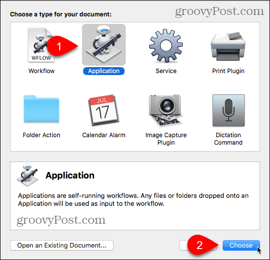 Mac के लिए Automator में Application type चुनें