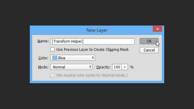 चीट फोटोशॉप टेक्स्ट लेयर ट्रांसफॉर्मेशन ट्रिक नई लेयर डायलॉग बॉक्स नाम कलर मोड ट्रांसफॉर्म हेल्पर लेयर चीट