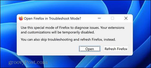 फ़ायरफ़ॉक्स खुला समस्या निवारण मोड