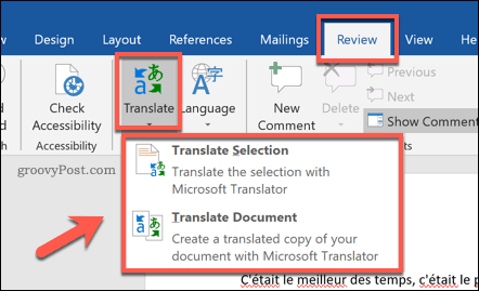 वर्ड डॉक्यूमेंट के अनुवाद के लिए विकल्प