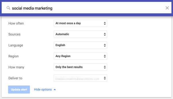 आपके Google अलर्ट की आवृत्ति, स्रोत, भाषा, क्षेत्र, आयतन और वितरण विधि के लिए सेटिंग्स।