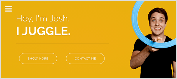 करतब दिखाने के लिए जोश हॉर्टन की वेबसाइट में एक पीले रंग की पृष्ठभूमि, जोश मुस्कुराते हुए और तर्जनी उंगली के चारों ओर एक हल्के नीले रंग की बाजीगरी अंगूठी मुस्कुराते हुए, और सफेद पाठ है जो कहता है कि हे आई एम जोश। मैं जुगल।