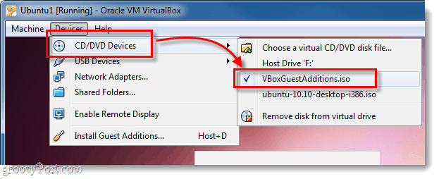 ubuntu डीवीडी सीडी डिवाइस vboxguestadditions.iso का चयन करें