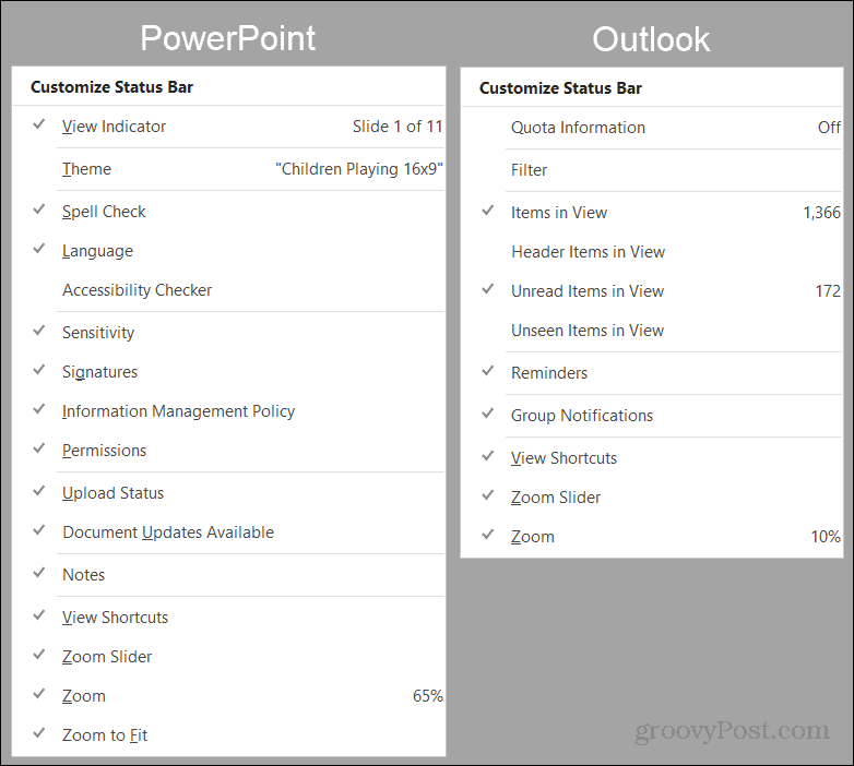 PowerPoint और Outlook स्थिति बार विकल्प