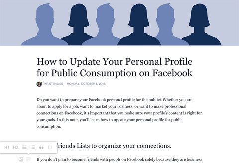 फेसबुक प्रोफ़ाइल संपादक स्वरूपण मेनू को नोट करता है