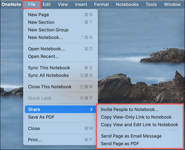 Mac पर OneNote में विकल्प साझा करें