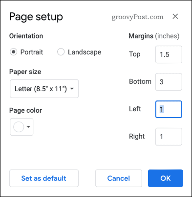Google डॉक्स में पृष्ठ सेटअप