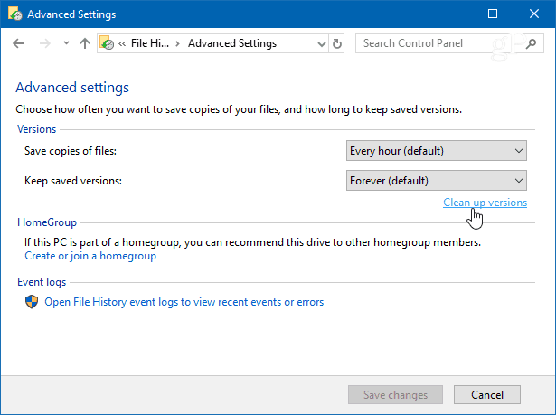 Windows 10 फ़ाइल इतिहास को साफ करें