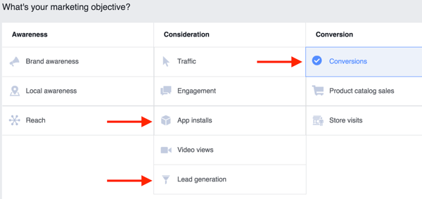 पावर एडिटर में, अपने फेसबुक विज्ञापन अभियान के लिए हाइलाइट किए गए उद्देश्यों में से एक का चयन करें।