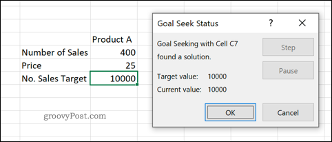 Excel में लक्ष्य सीक टूल का पूर्वावलोकन
