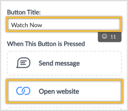एक बटन शीर्षक टाइप करें और ओपन वेबसाइट विकल्प चुनें।