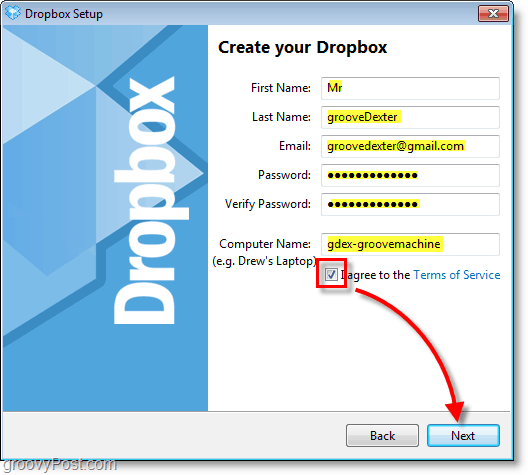 ड्रॉपबॉक्स स्क्रीनशॉट - अपनी खाता जानकारी दर्ज करें