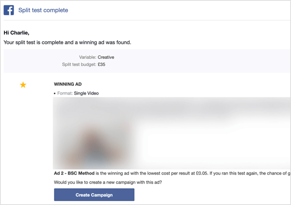 आपका फेसबुक विभाजन परीक्षण पूरा होने के बाद आपको एक ईमेल प्राप्त होता है।