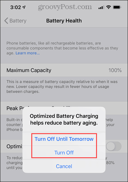 IPhone पर ऑप्टिमाइज़्ड बैटरी चार्जिंग के विकल्प बंद करें