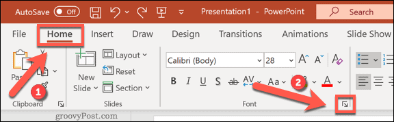 विंडोज पर PowerPoint में फोंट विकल्प मेनू तक पहुंचना