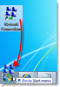 विंडोज 7 आसान पहुंच में नेटवर्क कनेक्शन के लिए डेस्कटॉप से ​​स्टार्ट मेनू में शॉर्टकट खींचें