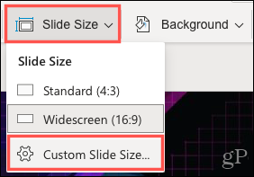 स्लाइड आकार, कस्टम स्लाइड आकार पर क्लिक करें