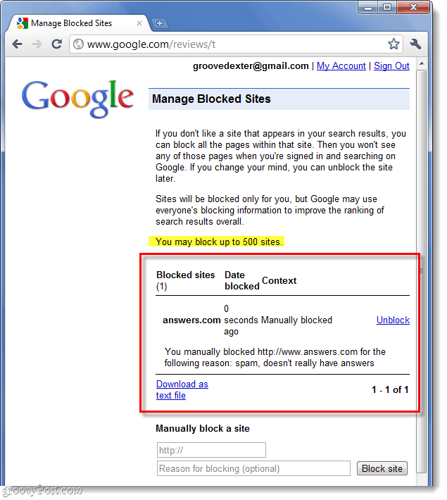आपकी Google अवरुद्ध वेबसाइटों की सूची