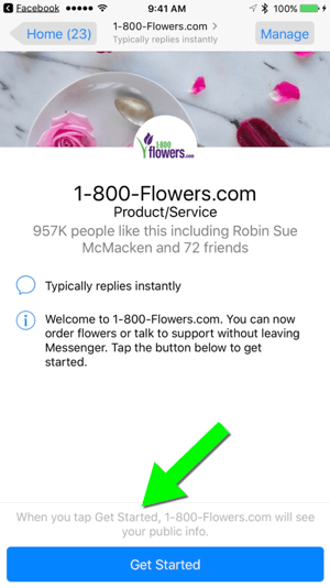 1-800-Flowers.com पर अपने फेसबुक पेज के माध्यम से एक संदेश भेजना उपयोगकर्ताओं को ग्राहक बनने के लिए आसान बनाता है।