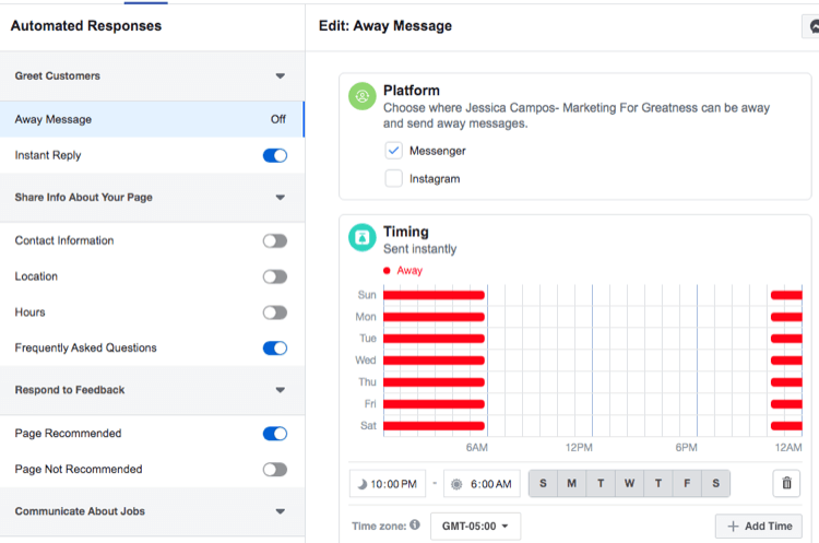 फेसबुक मैसेंजर दूर संदेश स्वचालित प्रतिक्रिया के लिए समय सेटिंग्स का स्क्रीनशॉट