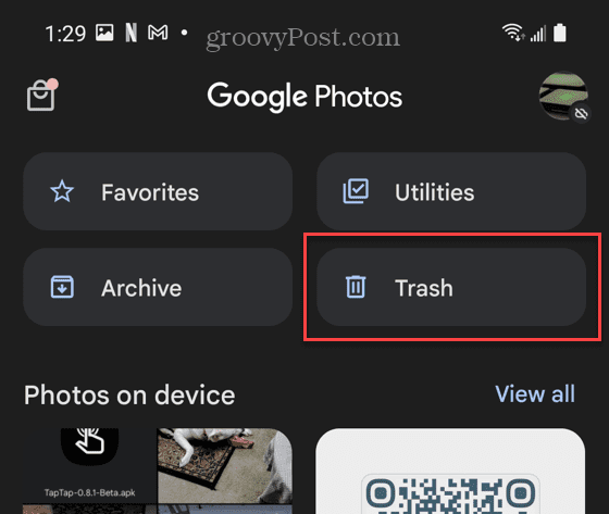 ट्रैश बटन Google फ़ोटो