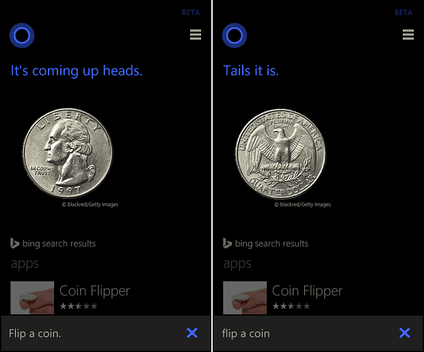 Cortana एक सिक्का फ्लिप