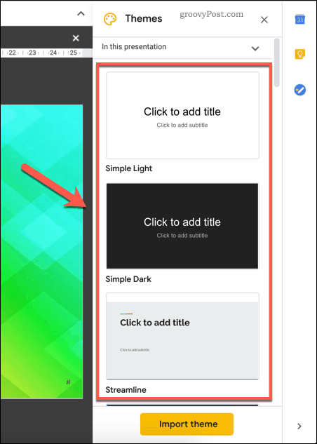 मौजूदा Google स्लाइड टेम्प्लेट थीम का चयन करना