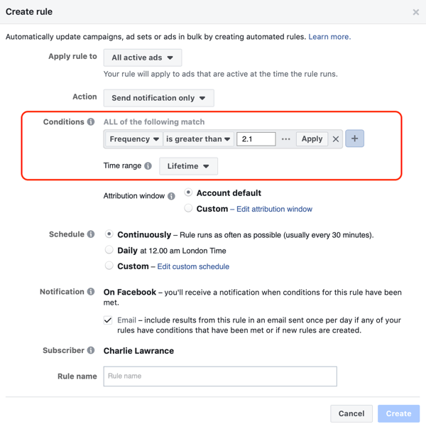 फेसबुक स्वचालित नियमों, अधिसूचना का उपयोग करें जब विज्ञापन आवृत्ति 2.1, चरण 2, शर्तों सेटिंग्स से ऊपर है