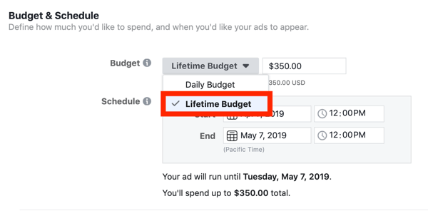 अपने फेसबुक विज्ञापन लागत को कम करने के लिए सुझाव, अभियान के बजट को जीवनकाल के बजट में सेट करने का विकल्प