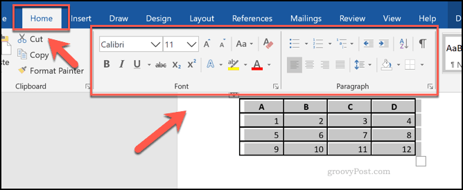 Word में तालिका के लिए स्वरूपण विकल्प