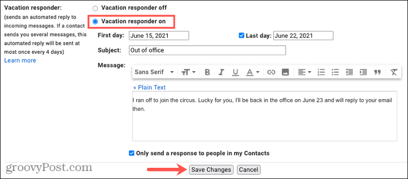 Gmail कार्यालय से बाहर अवकाश प्रत्युत्तर ऑनलाइन 