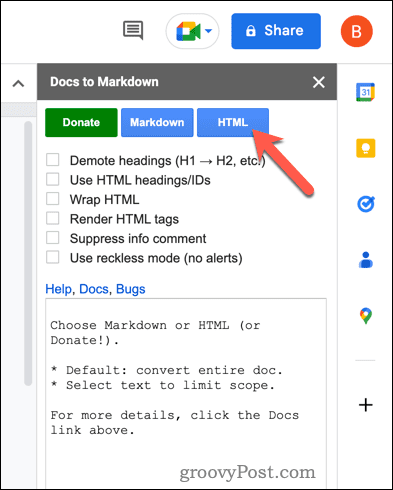 Google डॉक्स में डॉक्स से मार्कडाउन का उपयोग करके HTML में कनवर्ट करें