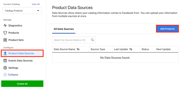 फेसबुक में उत्पाद डेटा स्रोतों टैब के माध्यम से उत्पादों को जोड़ने के लिए फेसबुक इवेंट सेटअप टूल, चरण 22, मेनू विकल्प का उपयोग करें