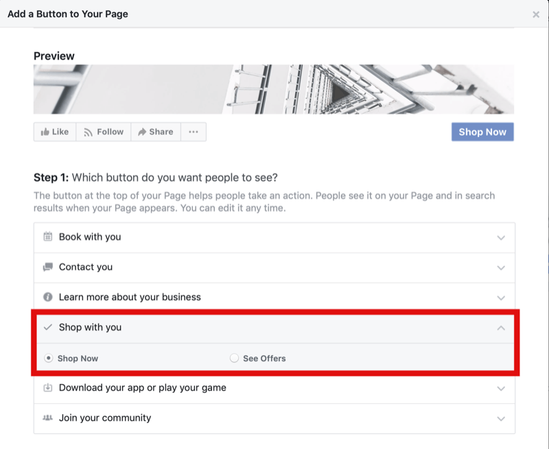इंस्टाग्राम शॉपिंग के लिए फेसबुक पेज पर शॉप नाउ बटन जोड़ने का चरण 1
