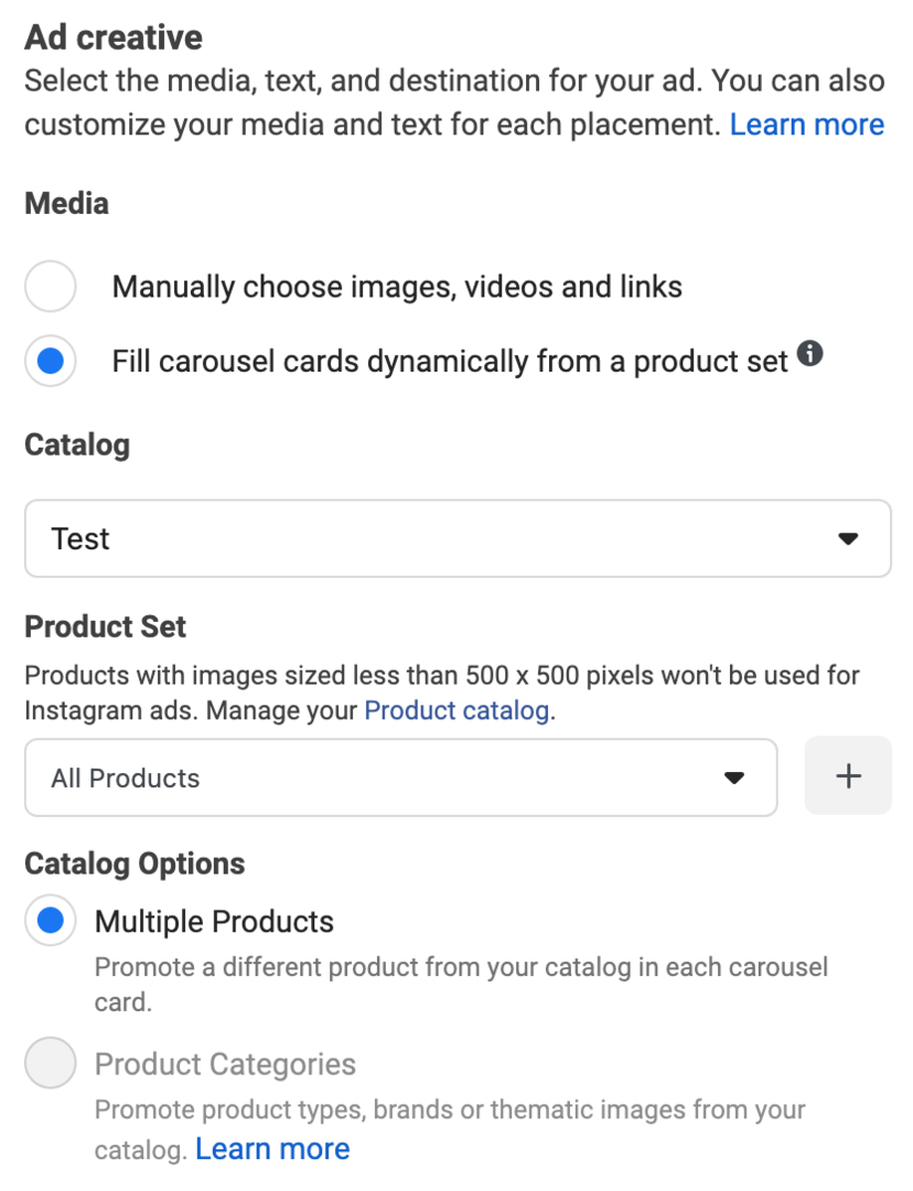 Facebook विज्ञापन सेटअप के दौरान चयनित उत्पाद सेट विकल्प से गतिशील रूप से कैरोसेल कार्ड भरें की छवि