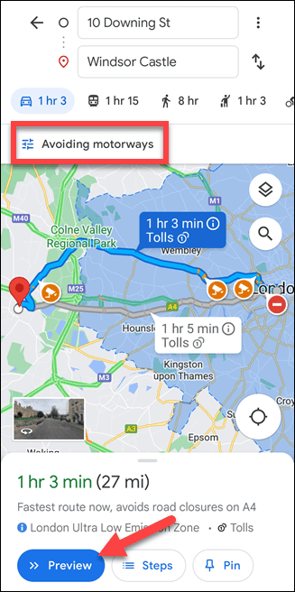 राजमार्गों के बिना Google मानचित्र मोबाइल मार्ग