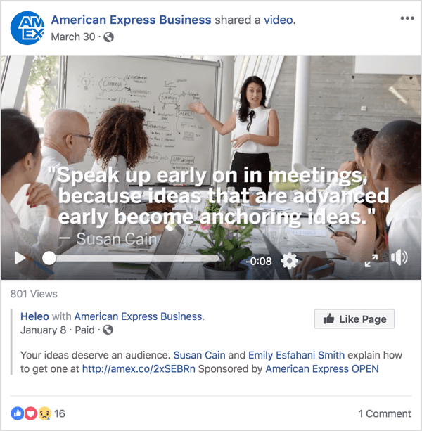 अमेरिकन एक्सप्रेस बिज़नेस के लिए फेसबुक के इस विज्ञापन में एक सुप्रसिद्ध नेतृत्व और प्रबंधन विशेषज्ञ सुसान कैन हैं, जिन्होंने हाल ही में टेड टॉक के साथ प्रसिद्धि हासिल की।