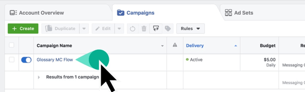 फेसबुक विज्ञापन प्रबंधक में अपना अभियान नाम खोजें।