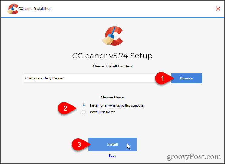 CCleaner स्थापित करने के लिए इंस्टॉल पर क्लिक करें