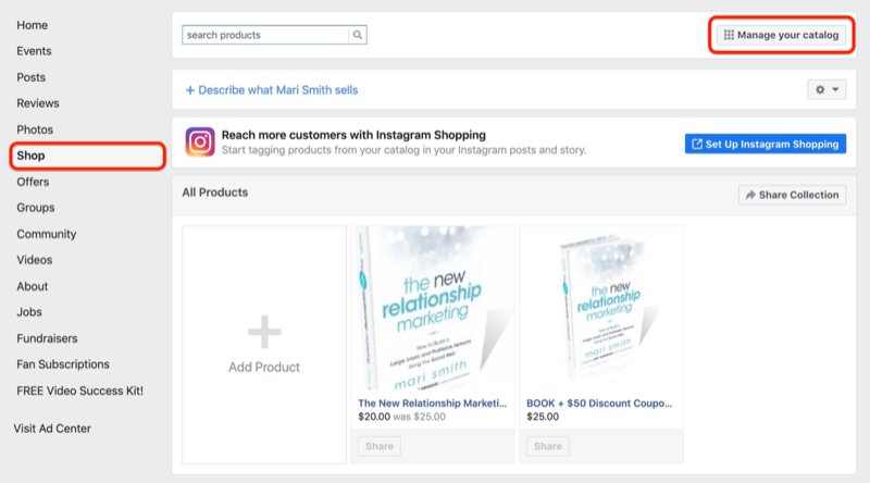 मेनू विकल्प अपने फेसबुक पेज दुकानों टैब से अपनी सूची का प्रबंधन करने के लिए