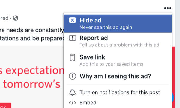 फ़ीड में फेसबुक विज्ञापन छिपाने के लिए विकल्प