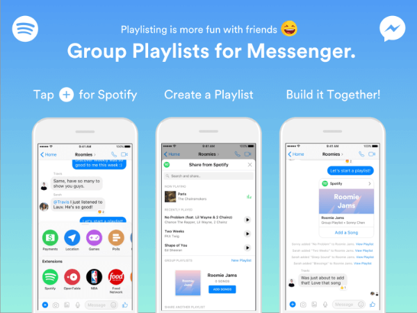 Spotify ने मैसेंजर ऐप के भीतर से सीधे प्लेलिस्ट बनाने के लिए समूहों को अनुमति देने के लिए अपने मैसेंजर बॉट के भीतर कार्यक्षमता का विस्तार किया।