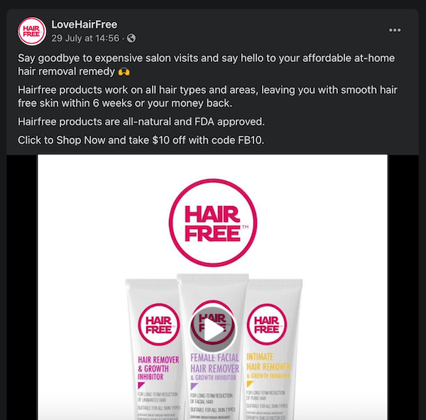 लवहेयरफ्री द्वारा फेसबुक पोस्ट उनके बालों को हटाने वाले उत्पादों को महंगी सैलून यात्राओं से तुलना करके देखा जाता है