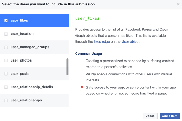 चुनें कि आप किन वस्तुओं को अपने फेसबुक ऐप सबमिशन में शामिल करना चाहते हैं।